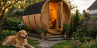 Wooden outdoor pet sauna in a lush garden with a dog, rabbit, and cat enjoying the space during sunset. Perfect for pet relaxation and wellness.