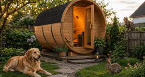 Wooden outdoor pet sauna in a lush garden with a dog, rabbit, and cat enjoying the space during sunset. Perfect for pet relaxation and wellness.