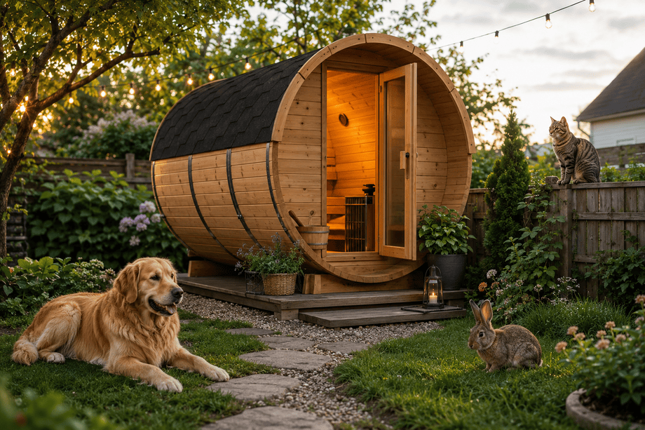 Wooden outdoor pet sauna in a lush garden with a dog, rabbit, and cat enjoying the space during sunset. Perfect for pet relaxation and wellness.
