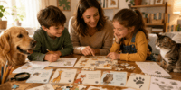 Animal Riddles and Puzzles: A Fun Way to Learn 13 Happy Tails family enjoying puzzle game with their pets at home.