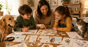 Happy Tails family enjoying puzzle game with their pets at home.