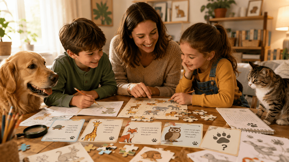Happy Tails family enjoying puzzle game with their pets at home.